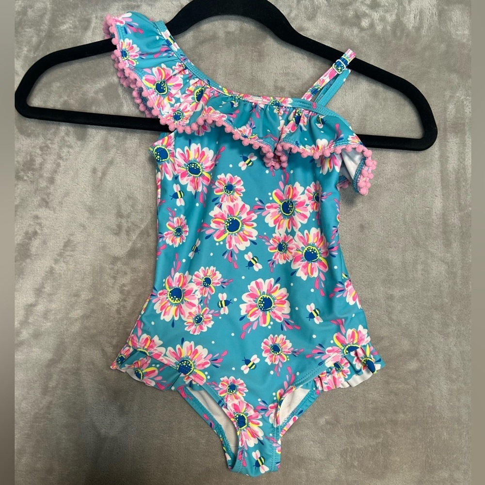 Tommy Bahama One Piece Swimsuit Girls 4 Flowers Bees Ruffle